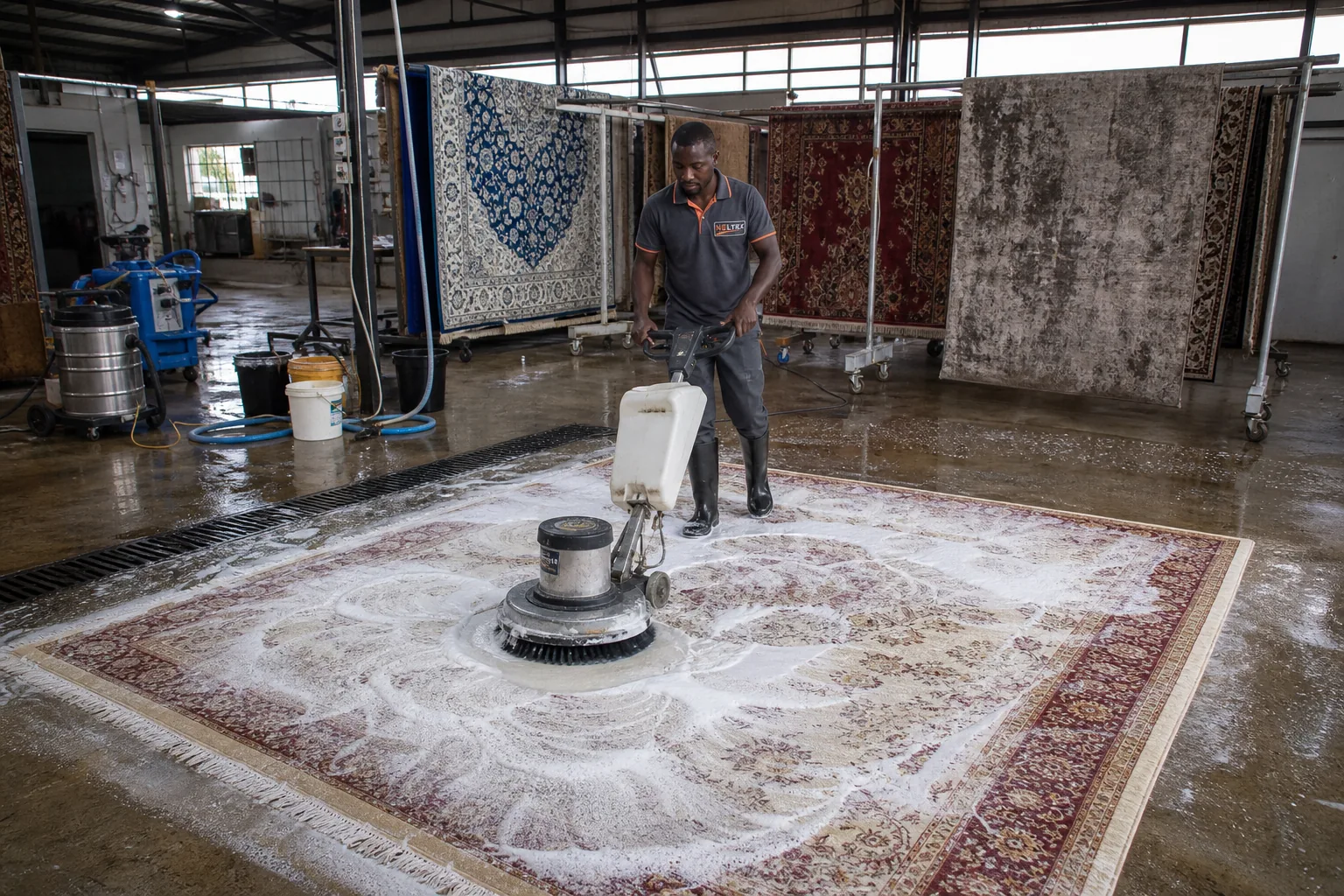 Tapis et moquettes en cours de traitement